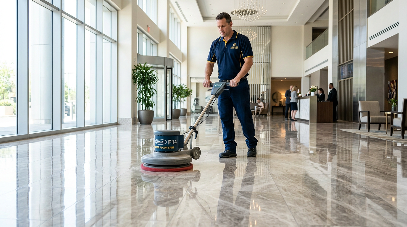 Cesar Facility Services technician in navy and gold uniform buffing a polished commercial floor