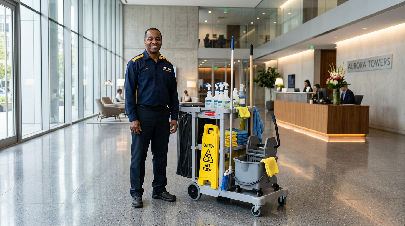 Cesar Facility Services janitor in navy and gold uniform with cleaning cart in a corporate lobby