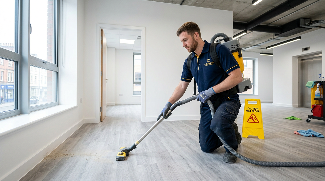 Cesar Facility Services crew in navy and gold uniform cleaning a newly constructed commercial space